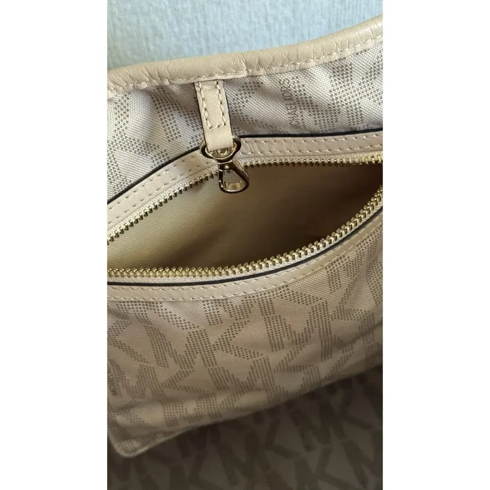 ⁠Michael Kors Tote Bag Brown Signature Monogram Large Purse Gold Charm Jet Set
